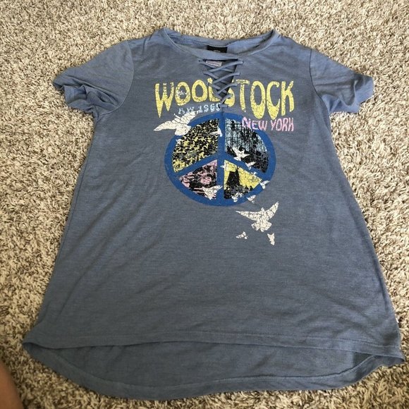 Concert Tees Woodstock Collection Lace Up Womens M Blue T-shirt Graphic Top - Picture 1 of 9